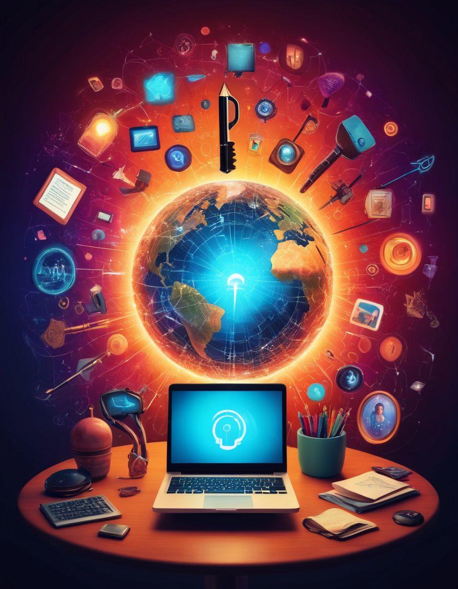 A colorful digital collage representing the themes of blogging and storytelling. Include a glowing key symbolizing 'Unlocking the Power', surrounded by diverse community figures engaging with their laptops, each showing unique elements like pens, books, and digital devices. The background should feature abstract representations of digital connections and storytelling elements, evoking a sense of creativity and collaboration. vibrant colors. super-realistic.