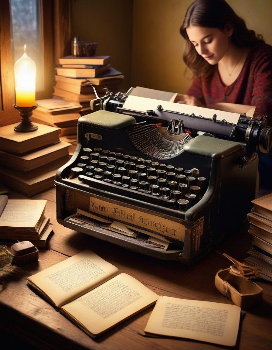A writer sitting at a rustic wooden desk with a vintage typewriter, surrounded by floating words and images representing storytelling elements like books, characters, and a quill. A beam of soft light illuminates a creative mind, symbolizing inspiration and impact. The atmosphere conveys a blend of nostalgia and creativity. vibrant colors. painting.