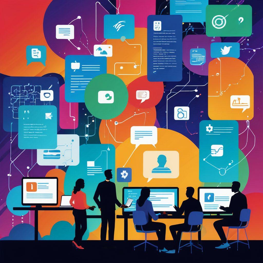 A dynamic illustration of interconnected digital screens displaying various community engagement platforms like blogs, forums, and social media. Each screen represents different digital assets with vibrant community interactions. Include diverse people engaging with these platforms, showcasing the sense of connection and interaction. The background should feature abstract representations of data flowing like a digital river, symbolizing growth and connectivity. vibrant colors. vector art.